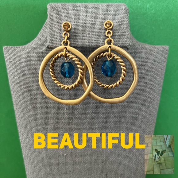 Jewelry - Brushed Gold Tone Circle Drop Pierced Earrings with Blue Acrylic Bead